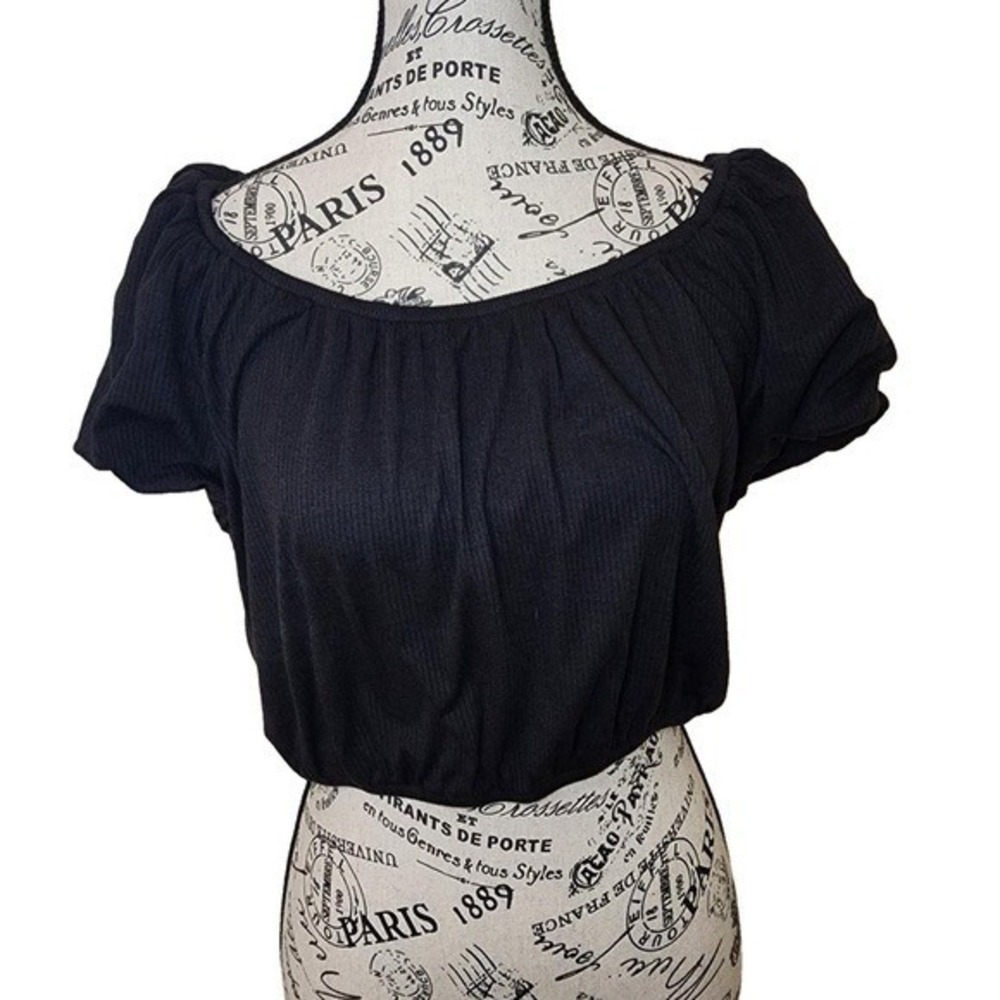 Urban Social Womens Black Off Shoulder Puff Sleeve Crop Top Blouse Size L NWT